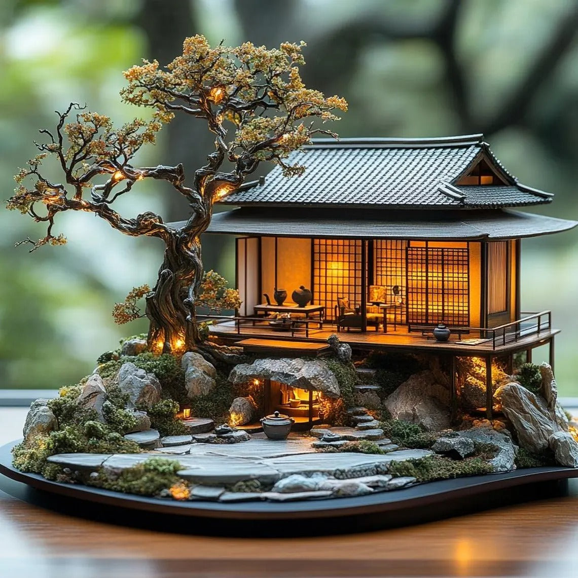 Home Decor 2D House With Bonsai And Rock Garden