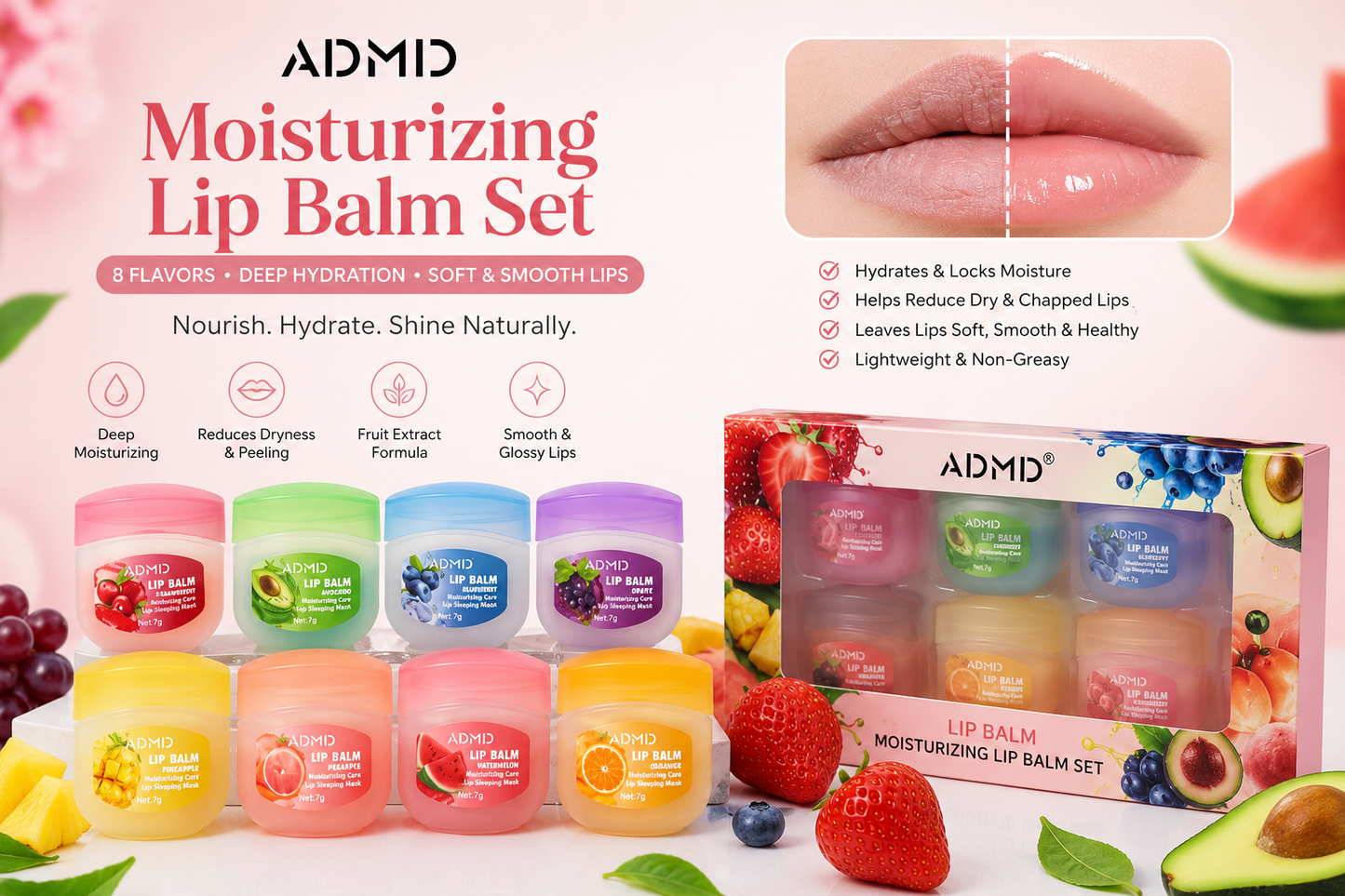 ADMD Moisturizing Lip Balm Set – 8 Pack Fruit Flavors Lip Care & Hydrating Repair