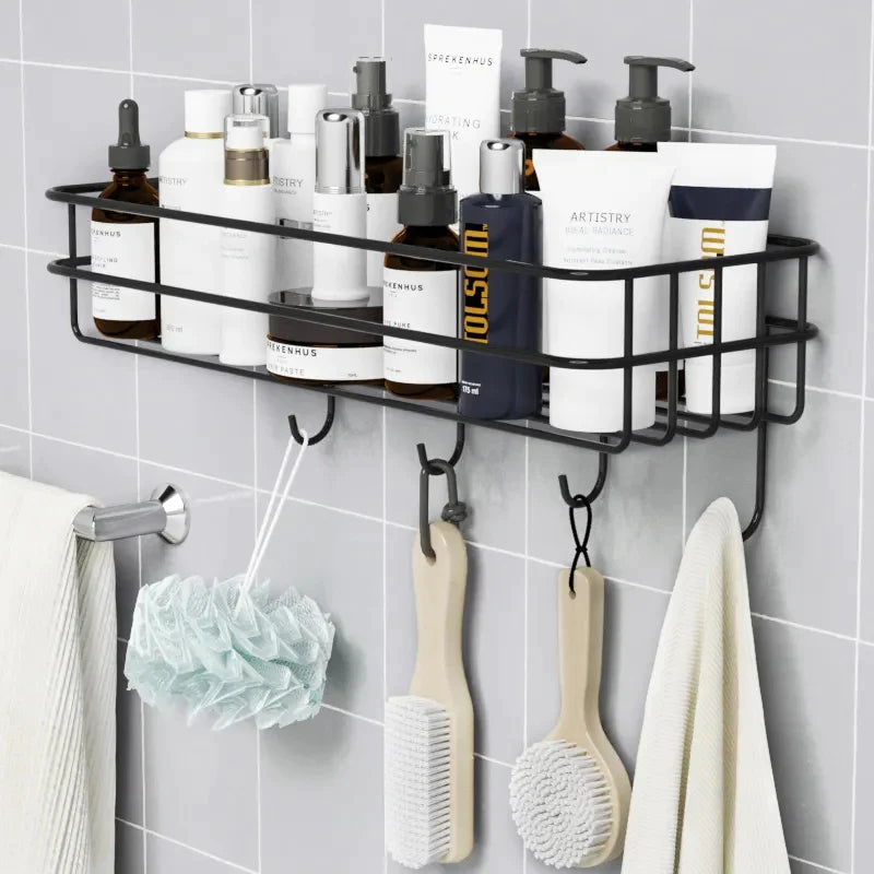 Wall-Mounted Metal Storage Rack with Hooks – No Drilling Bathroom & Kitchen Organiser