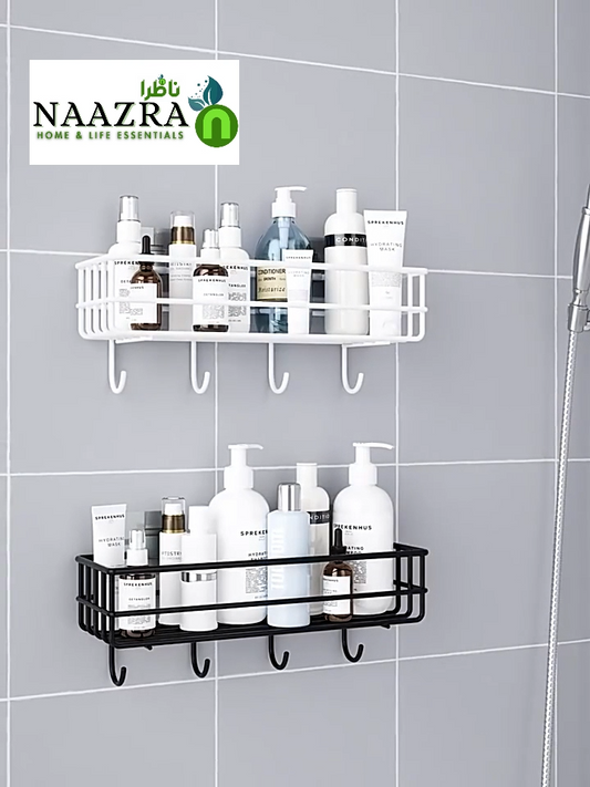Wall-Mounted Metal Storage Rack with Hooks – No Drilling Bathroom & Kitchen Organiser