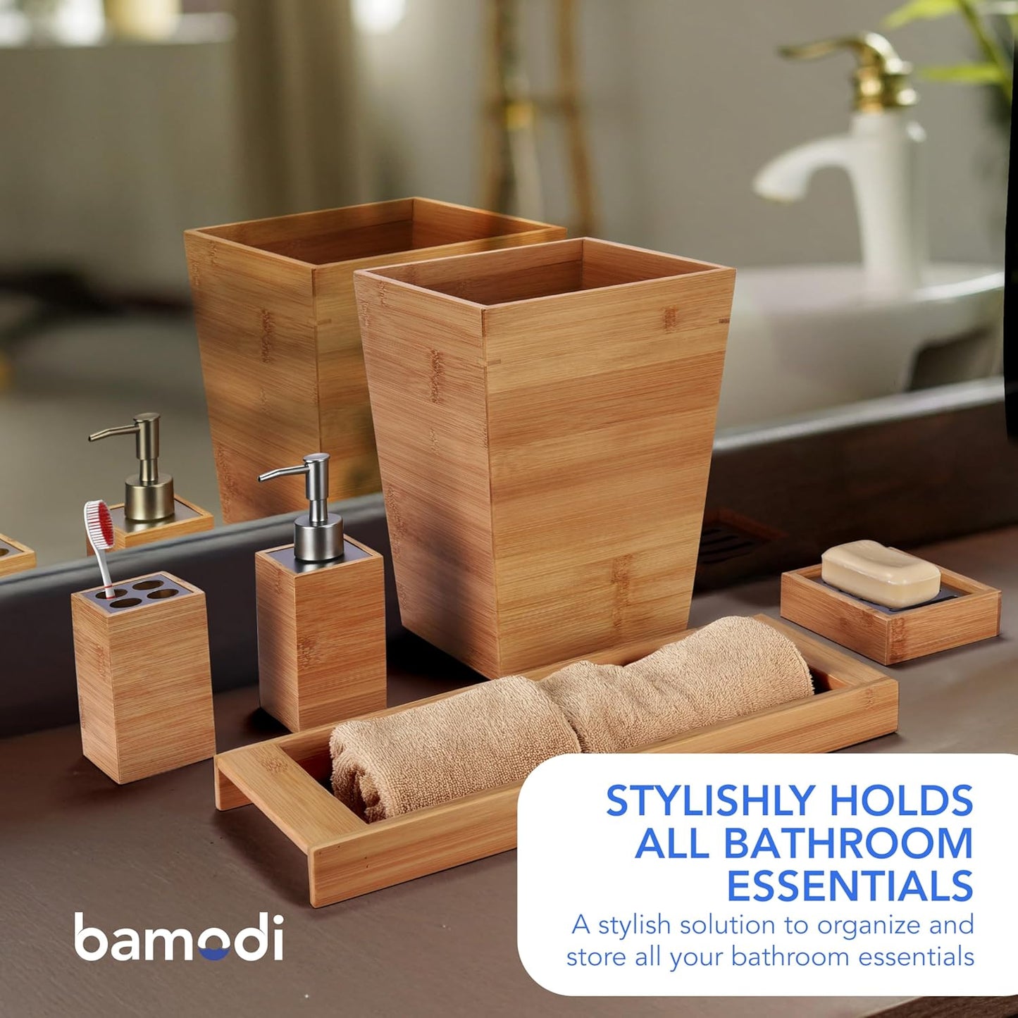 Bamboo Bathroom Decor Set, 5-Piece Wooden Accessories Set for Bathroom