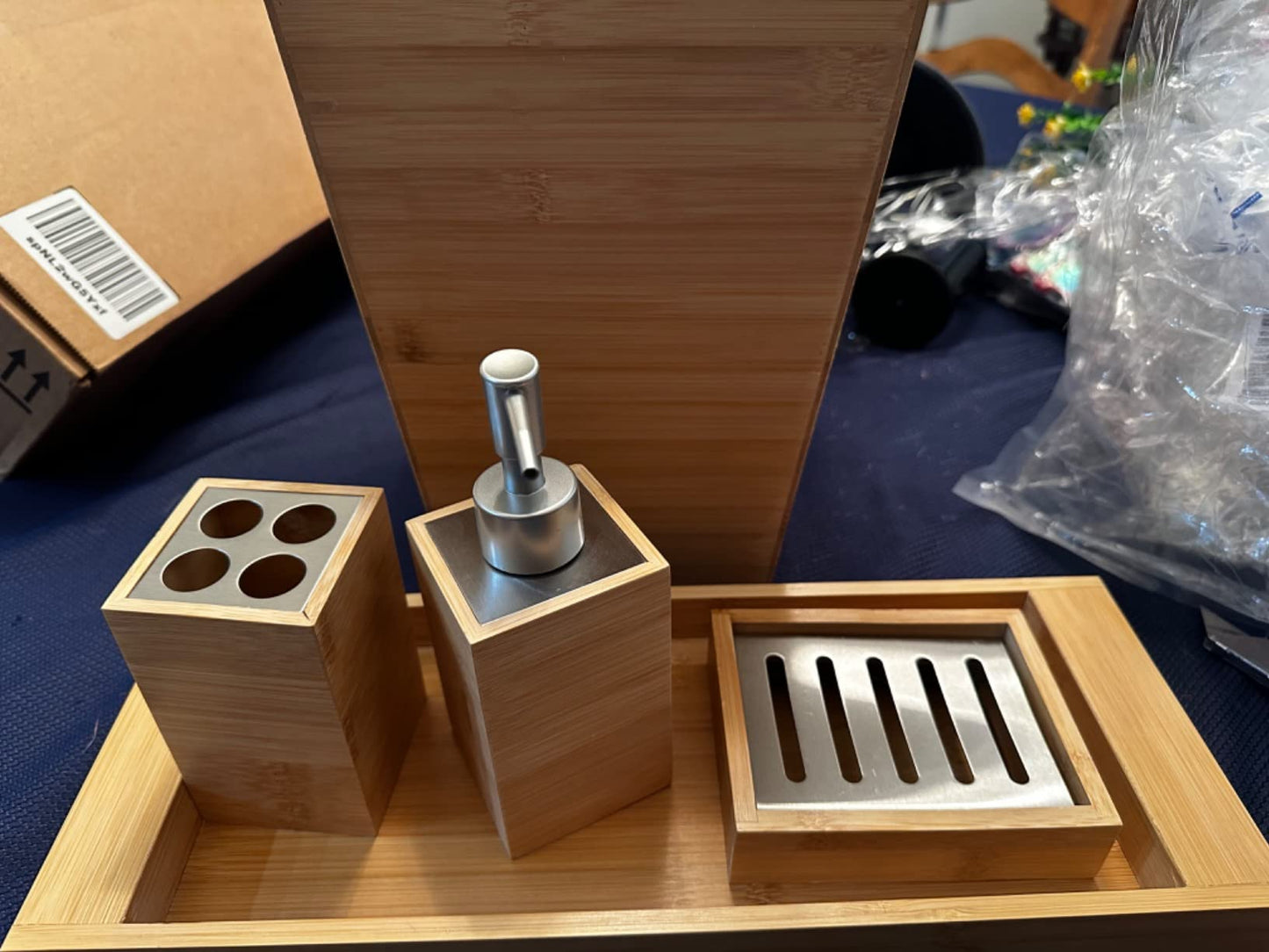 Bamboo Bathroom Decor Set, 5-Piece Wooden Accessories Set for Bathroom