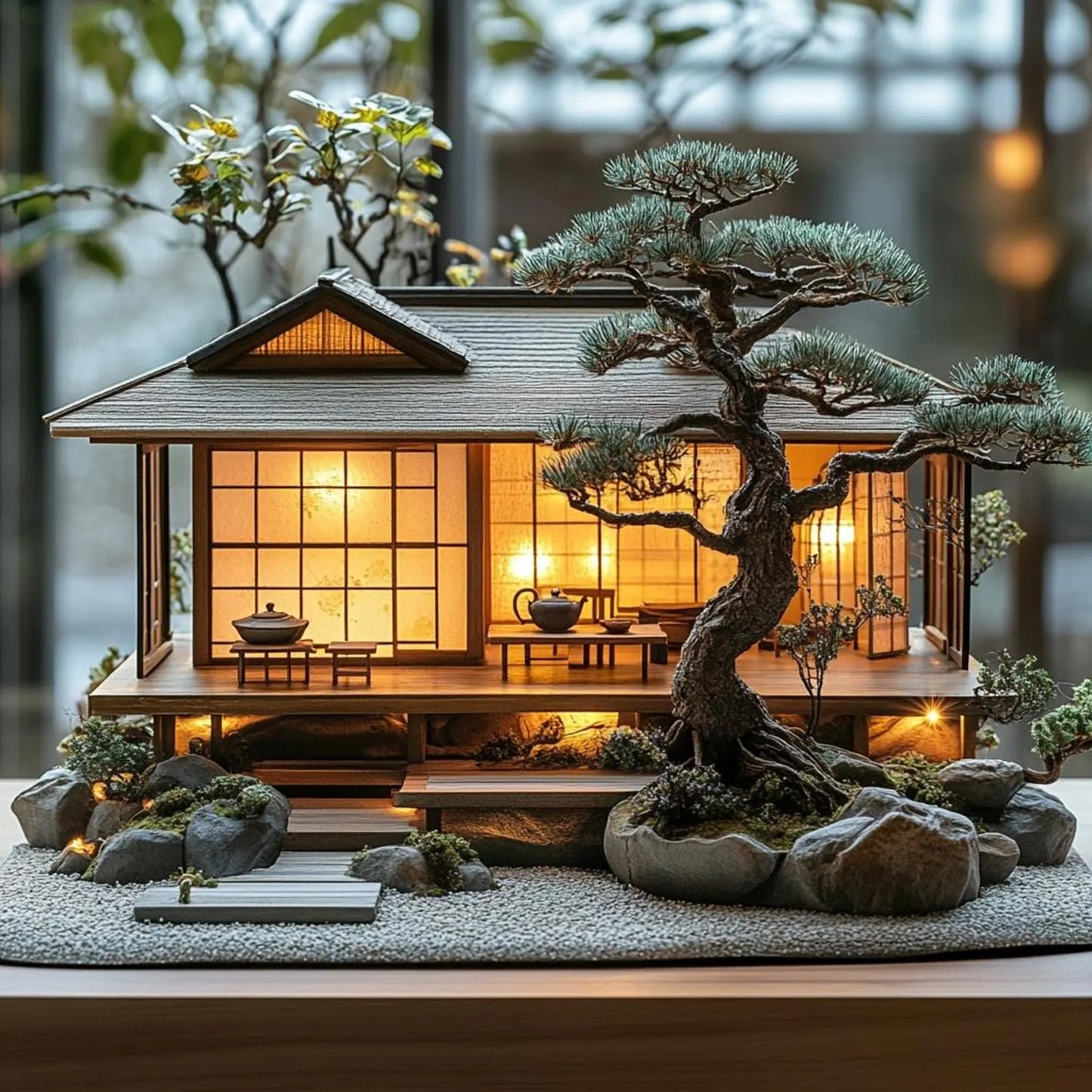 Home Decor  2D House  With Bonsai And Rock Garden