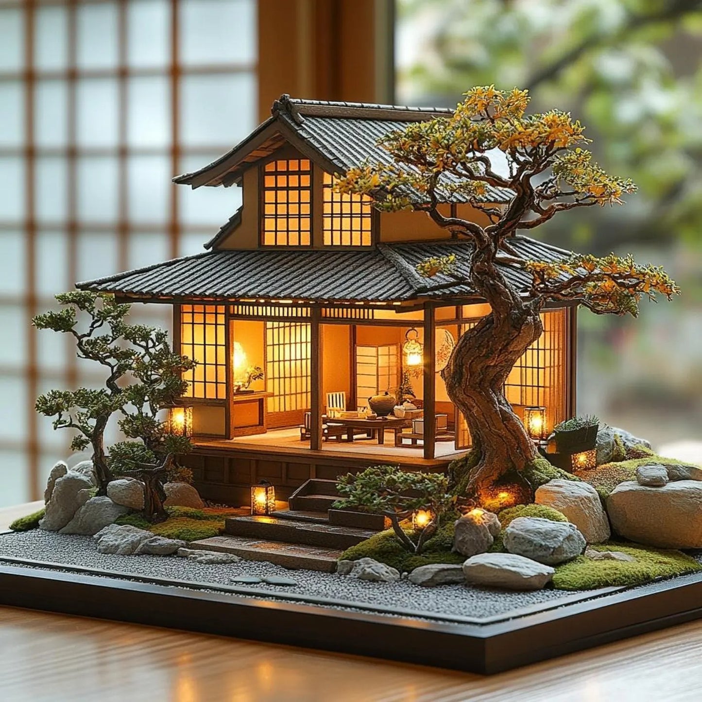 Home Decor  2D House  With Bonsai And Rock Garden