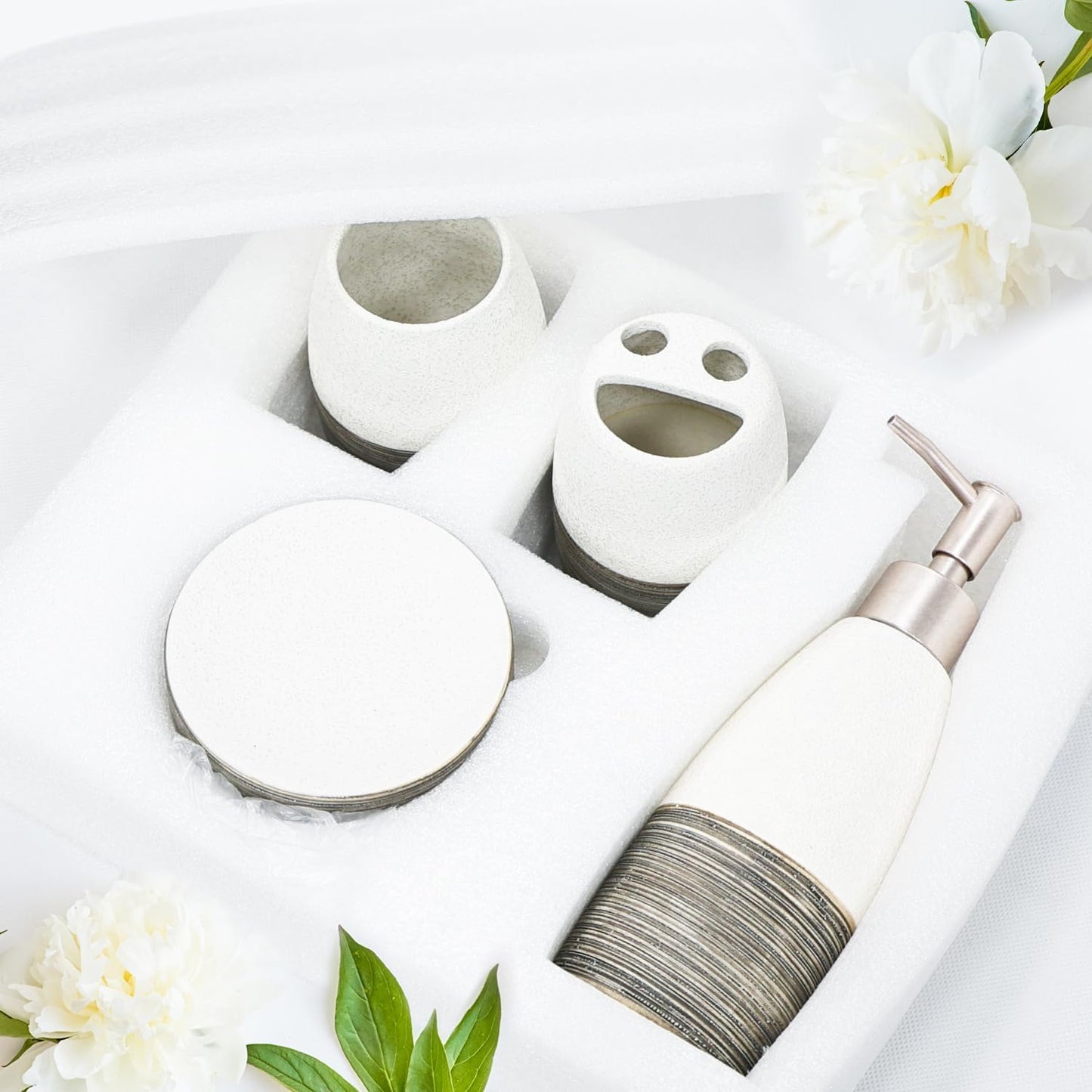 Bathroom Accessories Set,4 Pcs Ceramic Bathroom Decor Accessory,Includes Toothbrush Holder, Toothbrush Cup, Soap Dish for Decorative Countertop and Housewarming Gift, (Grey White)