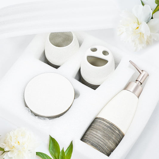 Bathroom Accessories Set,4 Pcs Ceramic Bathroom Decor Accessory,Includes Toothbrush Holder, Toothbrush Cup, Soap Dish for Decorative Countertop and Housewarming Gift, (Grey White)