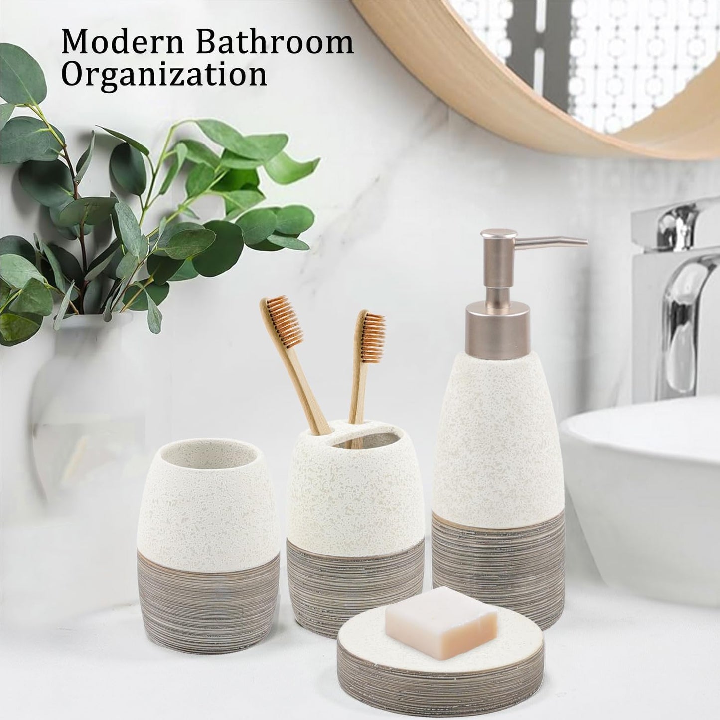 Bathroom Accessories Set,4 Pcs Ceramic Bathroom Decor Accessory,Includes Toothbrush Holder, Toothbrush Cup, Soap Dish for Decorative Countertop and Housewarming Gift, (Grey White)