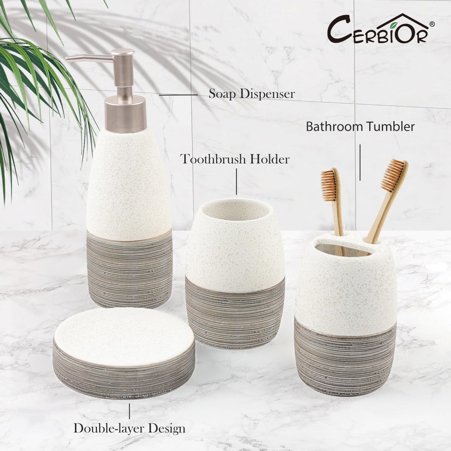 Bathroom Accessories Set,4 Pcs Ceramic Bathroom Decor Accessory,Includes Toothbrush Holder, Toothbrush Cup, Soap Dish for Decorative Countertop and Housewarming Gift, (Grey White)