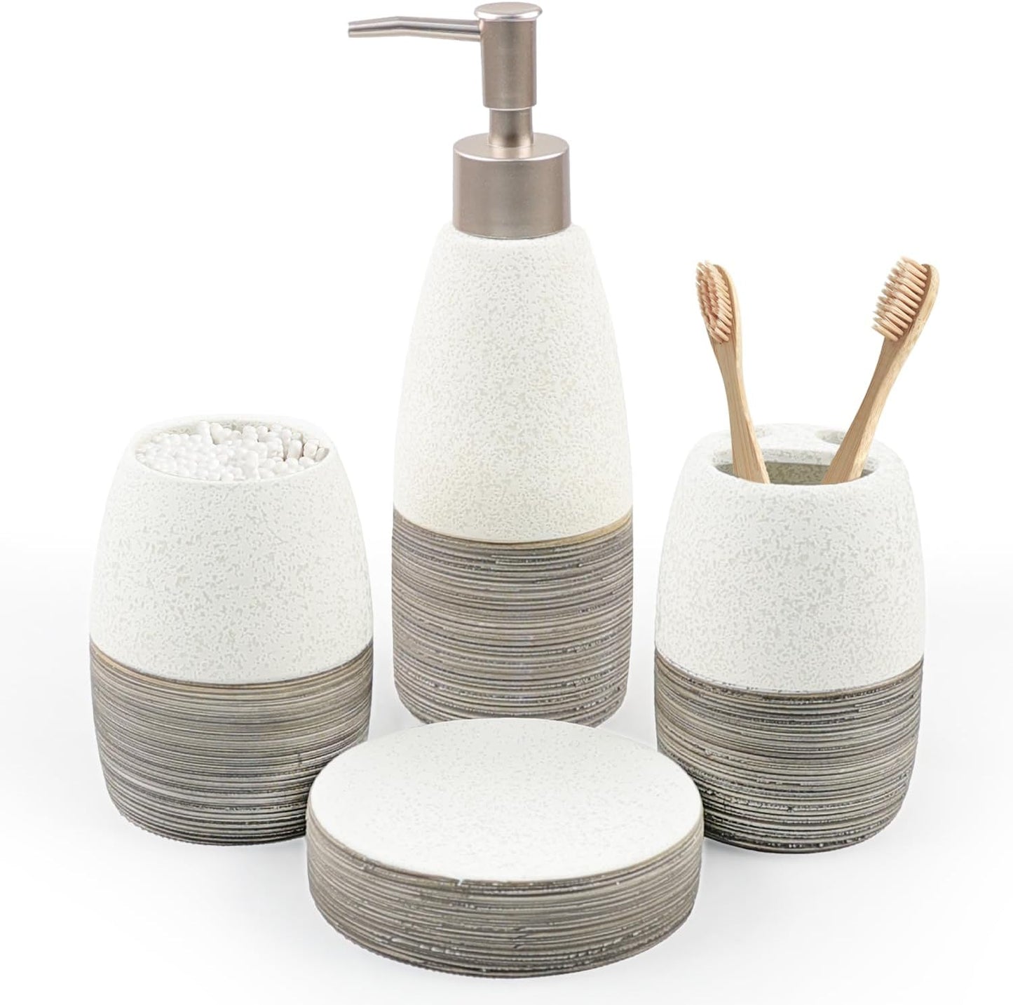 Bathroom Accessories Set,4 Pcs Ceramic Bathroom Decor Accessory,Includes Toothbrush Holder, Toothbrush Cup, Soap Dish for Decorative Countertop and Housewarming Gift, (Grey White)